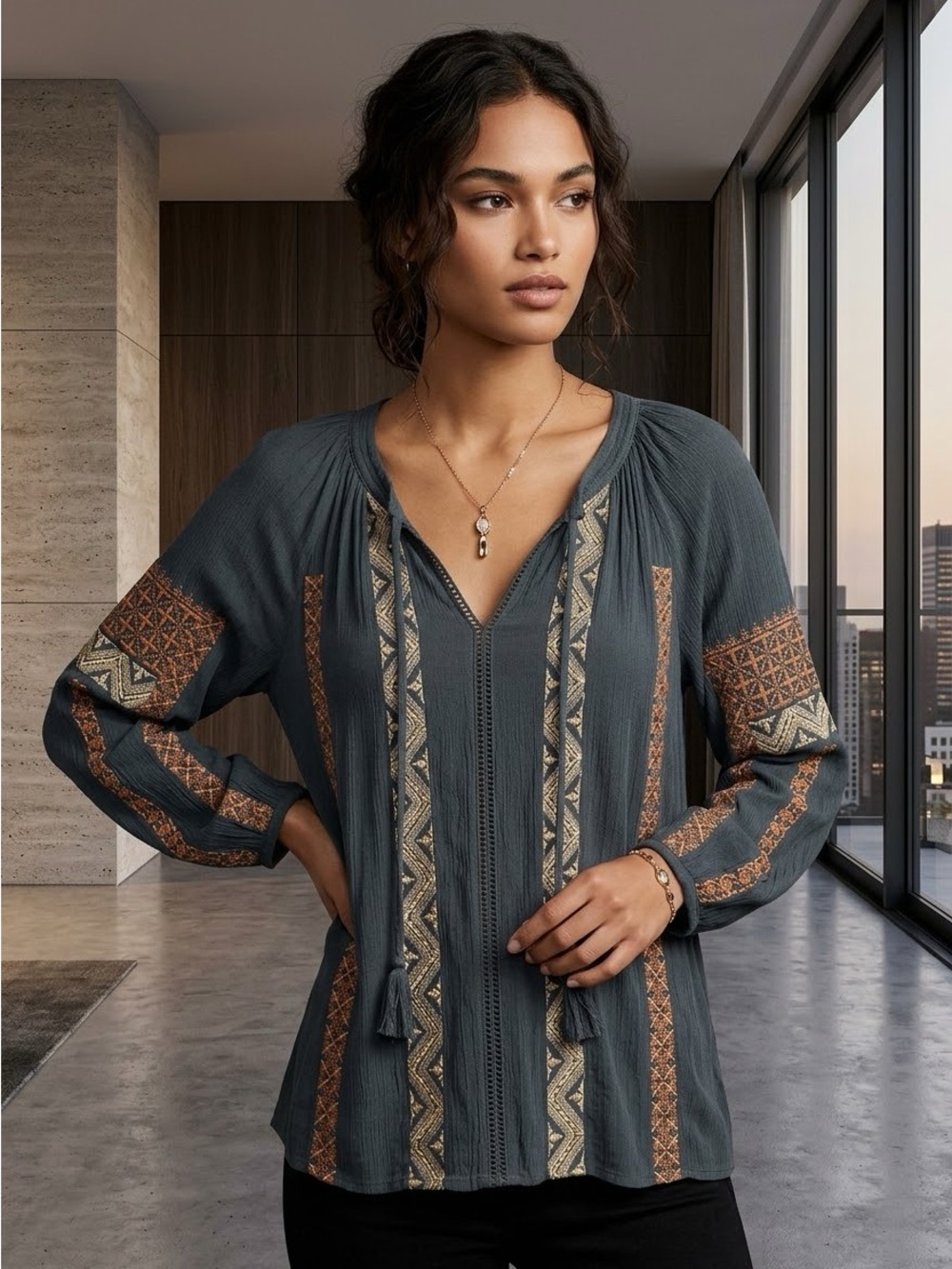 American Eagle Outfitters Slate Blue Embroidered Peasant Top Size M
